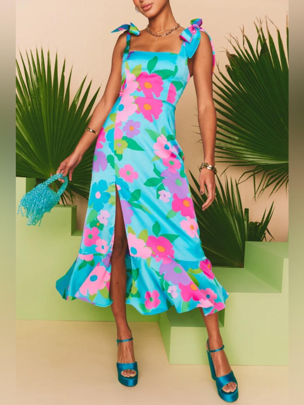 Show me your Mumu garden midi dress tie strap slit ruffle color summer wedding